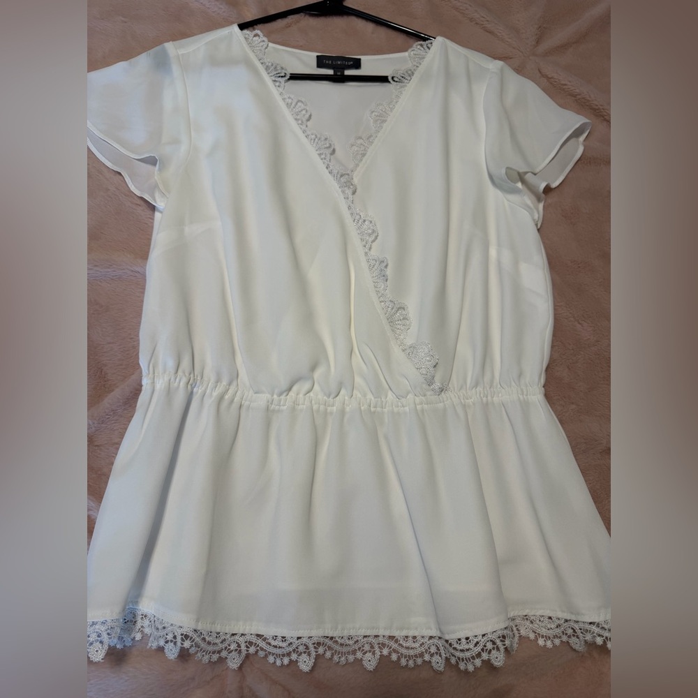 The Limited White Faux Wrap Blouse with Lace Detail